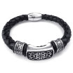 Hpolw Mens Leather Stainless Steel Spring buckleMagnetic Clasp black hand-knitted Metal geometry lace pattern Bracelet