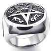 Hpolw Mens 316L Stainless Steel Carved with sacred Fu Wen men Ring Vintage fashion Pentagram Black&Silver
