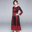 Womens Fashion Jacquard O-neck Boho Print Long Dresses Female Casual Slim Retro Office Party Dress Maxi Vestidos