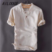 Plus Size M-5XL Mens Pullover Linen Shirts Short Sleeve Summer Mens Quality Casual Shirts Slim fit Solid Cotton Shirts