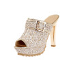 IDIFU Womens Trendy Peep Toe Sequined Sandals - Glitter Buckled Belt Platform - Slide on Chunky High Heels Clogs Shoes