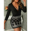 Women Lace V Neck Slim Bandage Bodycon Long Sleeve Club Evening Party Mini Dress