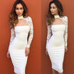 UK Womens Long Sleeve Lace Pencil Dress Cowl Neck Evening Cocktail Party Bodycon