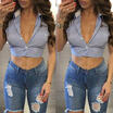 Sexy Summer Blue Striped Back Sleeveless Womens Crop Top Shirt Blouse