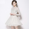 2018 Autumn 2 pieces Mesh Patchwork Lace Dress Women O-neck Work Casual Party Sexy White Dresses Vintage Vestidos