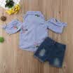 Kids Baby Girls Off Shoulder Striped Tops T-shirt Denim Pants Outfit Set Clothes