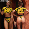 Women Leopard Short Sleeve Paded Bra Crop Top Tee Bottom Thong 2pcs Jumpsuit