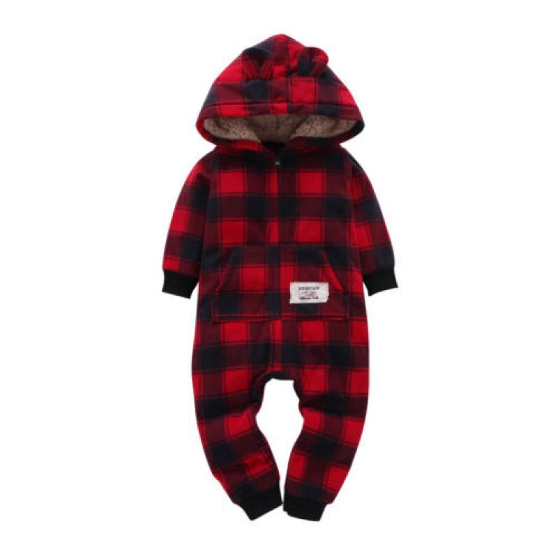 Newborn Infant Boy Girl Long Sleeve Jumpsuit Plaid Hooded Romper Bodysuit Outfit