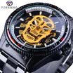 Forsining Sport Series Steampunk Diseño de cráneo Reloj de esqueleto luminoso de acero inoxidable negro Relojes automáticos de los hombres de primeras marcas