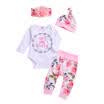 Kids Baby Girl Long Sleeve Romper Tops Bow PantsHat 4Pcs Outfits Playsuit