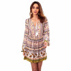 Printed Dress V-neck Drawstring Long Sleeve Corset Floral Dress