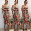 UK Women Off Shoulder Bardot Midi Dress Ladies Summer Ruffle Belted Frill Dress