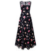Vintage Round Collar Sleeveless Floral Embroidery See-through Mesh A-line Women Maxi Dress