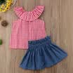 2PCS Kids Baby Girls Outfits Clothes Ruffle Plaids TopsShort Denim Skirt Set