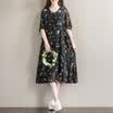 City Plus CITYPLUS Art dew Phillips Round Collar Printed Lotus Floral Drawings Dress CWQZ173165 Black Print L