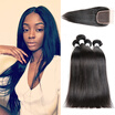 7A Indian Straight Hair With Closure Indian Virgin Hair with Closure 3 Bundle Human Hair Bundles With Baby Hair