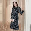 Longyue Women&39s Floral Slim Long Sleeve Dress Butterfly Belt with Waist Pleated Skirt Long Skirt LWQZ172118 Blue M
