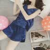 Sustory women 2017 spring fashion sexy ice silk harness pajamas suit female lace lace shorts two sets SU077 dark blue uniform