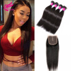 8A Human hair Brazilian Straight Virgin hair with Closure Unprocessed Brazilian Virgin Hair 4 Bundles with Closure Free23 part