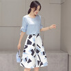 Sibo homes 2017 new summer dress round neck short sleeve lace A word temperament geometric pattern high waist long skirt S72R0198A1676S gray blue S