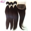 QDKZJ Brazilian Virgin Human Hair Extension Straight 34 Bundles With Lace Closure HAIR Unprocessed Color 1B Straight