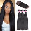 Fine Plus Brazilian Straight Hair 3 Bundles with Closure 7A Unprocessed Virgin Human Hair Bundles with 4×4 Free Part Lace Closure