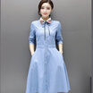 Fort Sheng 2017 new women fall POLO collar elastic waist single-breasted long-sleeved button tie pocket fashion dress yzXMYR9975 dark blue S