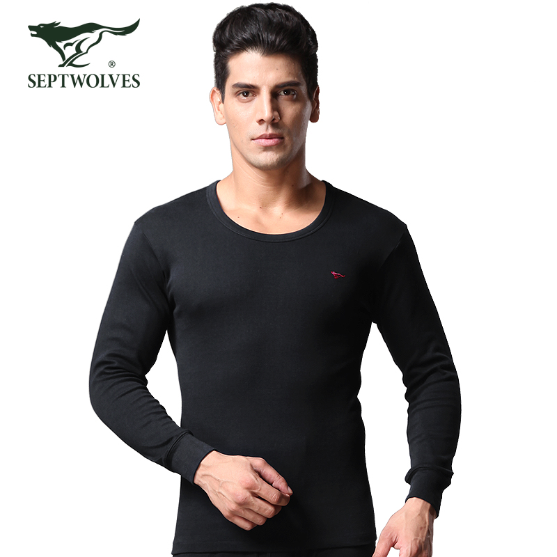 Seven wolves thermal underwear mens cotton foundation thin section Qiuyi Qiuku suit mens round neck cotton sweater winter 98101 Navy Blue M