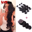 8A Brazilian Virgin Hair 3 Bundles Body Wave with Closure Bouncy Human Hair Extensions 1B Color Bundles with Lace 4x4 Closure