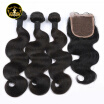 Brazilian Virgin Hair With Closure 3 Bundles Human Hair Body Wave With Lace Closure Free Part Swiss Lace 4×4 Size Grade 8A Virgin