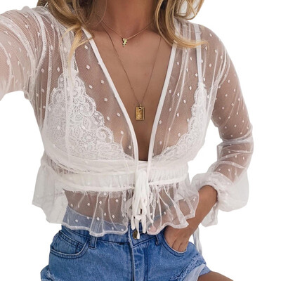 Sexy Blouse Women Perspective Mesh Lace Flare Sleeve V-Neck Dot Tops Cover Up For Bikini womens tops&blouses blusa
Sexy Blouse Women Perspective Mesh Lace Flare Sleeve V-Neck Dot Tops Cover Up For Bikini womens tops&blouses blusa