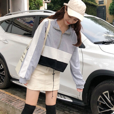Womens Hip Hop Hoodie Half Zip Thin Sweatshirt Long-Sleeved Loose Ladies Streetwear Pullover Autumn Clothes
