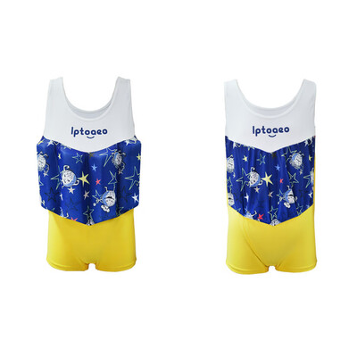 Boy One-Piece Float Swimsuit Cap Cute Fashion Swimwear With Removable Buoyancy Stick Perfect for Kid Learn to Swim Rocket Patter