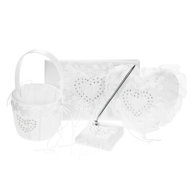 4pcsset White Wedding Supplies Satin Flower Girl Basket Heart Ring Bearer Pillow Guest Book Pen Holder Set
4pcsset White Wedding Supplies Satin Flower Girl Basket Heart Ring Bearer Pillow Guest Book Pen Holder Set