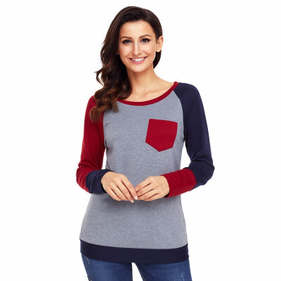 Round neck long sleeve two-color stitching shirt contrast color pocket casual straight top
Round neck long sleeve two-color stitching shirt contrast color pocket casual straight top