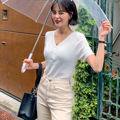 Women V Neck Solid Slim Knitted T-Shirt Pullover Buttons Shirt Casual Short Sleeve T Shirt
Women V Neck Solid Slim Knitted T-Shirt Pullover Buttons Shirt Casual Short Sleeve T Shirt