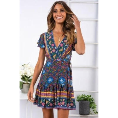 Women Short Sleeve Wrap Boho Floral Mini Dress Ladies Summer Sundress Holiday
Women Short Sleeve Wrap Boho Floral Mini Dress Ladies Summer Sundress Holiday