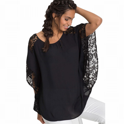 Solid color round neck bat half sleeve lace stitching loose chiffon shirt casual top
Solid color round neck bat half sleeve lace stitching loose chiffon shirt casual top