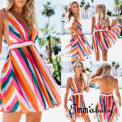 Summer Women Sleeveless V-Neck Stripe Boho Evening Party Cocktail Beach Short Mini Dress
Summer Women Sleeveless V-Neck Stripe Boho Evening Party Cocktail Beach Short Mini Dress