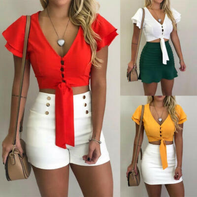 Womens Deep V Neck Flared Sleeve Crop Top Shirt Front Tie Up Blouse T Shirt US
Womens Deep V Neck Flared Sleeve Crop Top Shirt Front Tie Up Blouse T Shirt US
