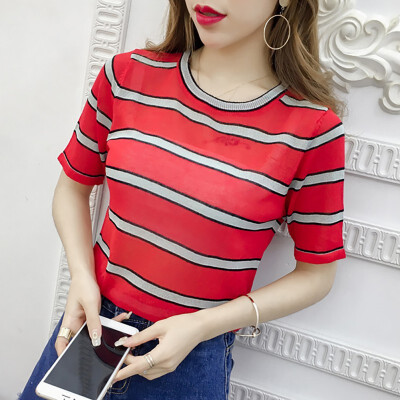 Womens Casual O Neck Striped Short Sleeve Thin Perspective Knitted Pullover T-Shirt
Womens Casual O Neck Striped Short Sleeve Thin Perspective Knitted Pullover T-Shirt