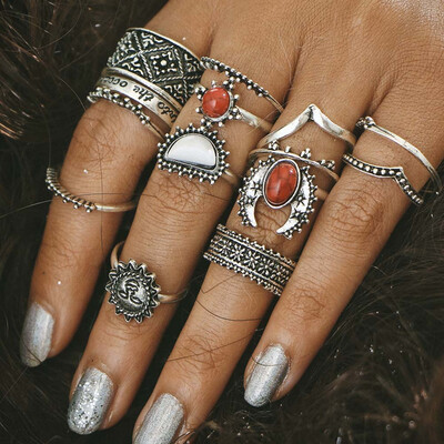 14pcsSet Bohemian Lady Suit Ring retro silver carved turquoise Diamond Carving Ring 
14pcsSet Bohemian Lady Suit Ring retro silver carved turquoise Diamond Carving Ring