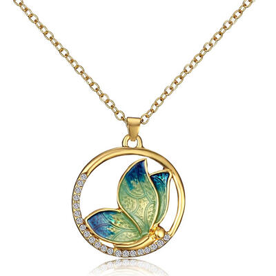 Fashion butterfly Rhinestone Round Pendant Necklaces for women men Gifts Accessory Jewelry gold link chain
