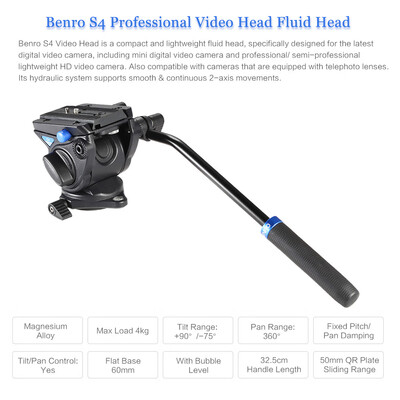 Benro S4 Professional Video Head Fluid Head Hydraulic Damping 3D Tripod Head Video Camera Monopod Head Max Load 4kg
Benro S4 Professional Video Head Fluid Head Hydraulic Damping 3D Tripod Head Video Camera Monopod Head Max Load 4kg
