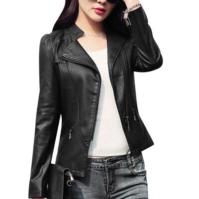 Faux Leather Slim Fit Basic Jackets Zipper Pockets Women Stand Collar Coat 
Faux Leather Slim Fit Basic Jackets Zipper Pockets Women Stand Collar Coat