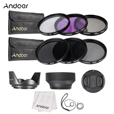 Andoer 52mm Lens Filter Kit UVCPLFLDNDND2 ND4 ND8 with Carry Pouch Lens Cap Lens Cap Holder Tulip & Rubber Lens Hoods
Andoer 52mm Lens Filter Kit UVCPLFLDNDND2 ND4 ND8 with Carry Pouch Lens Cap Lens Cap Holder Tulip & Rubber Lens Hoods