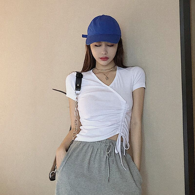 Women Summer V-neck Solid Color Slim Short Sleeve Casual T-Shirt Simple Drawstring Wild Short Tops
Women Summer V-neck Solid Color Slim Short Sleeve Casual T-Shirt Simple Drawstring Wild Short Tops