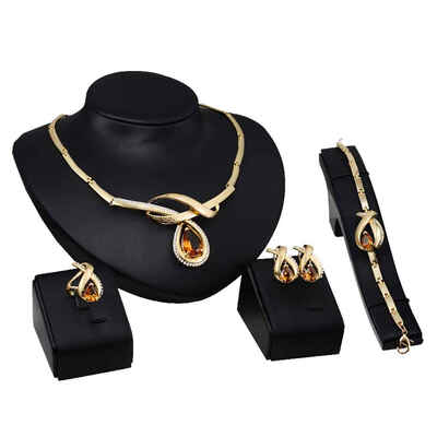 Elegant Gemstone Gold Plated Alloy Necklace Earrings Bracelet Ring Jewelry Set for Engagement
Elegant Gemstone Gold Plated Alloy Necklace Earrings Bracelet Ring Jewelry Set for Engagement