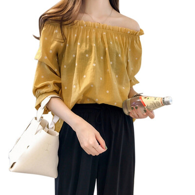 Womens sexy word collar dot solid color shirt off-shoulder chiffon Slim printed ruffled top
Womens sexy word collar dot solid color shirt off-shoulder chiffon Slim printed ruffled top