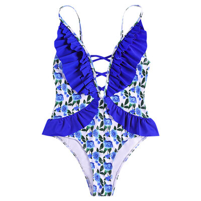 Spaghetti Strap Plunge Neck Backless Padded Flounce Ruffle Floral Print Women Swimsuit
Spaghetti Strap Plunge Neck Backless Padded Flounce Ruffle Floral Print Women Swimsuit